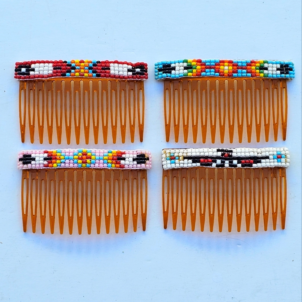 Native American Hand-Beaded Hair Comb Lot of 4 All Unique Colors